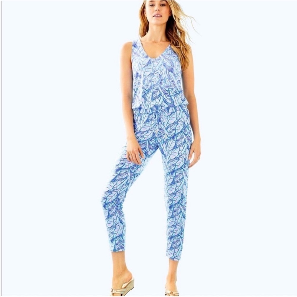 Lilly Pulitzer Paulina Elegant Blue Leaf Pattern Jumpsuit